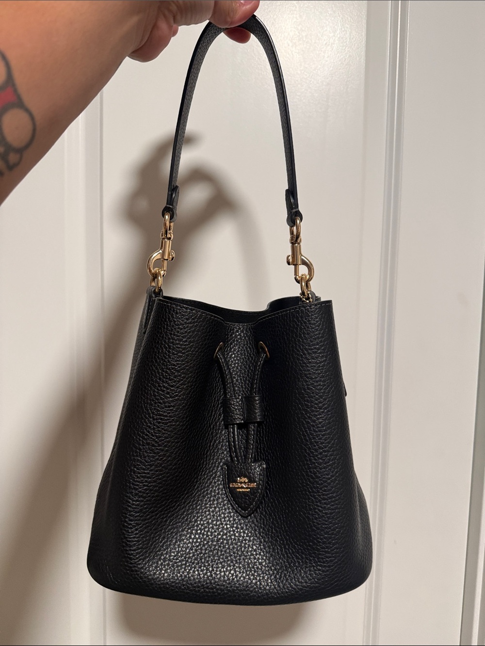 Coach Black Pebbled Leather Bucket Bag with Gold Hardware